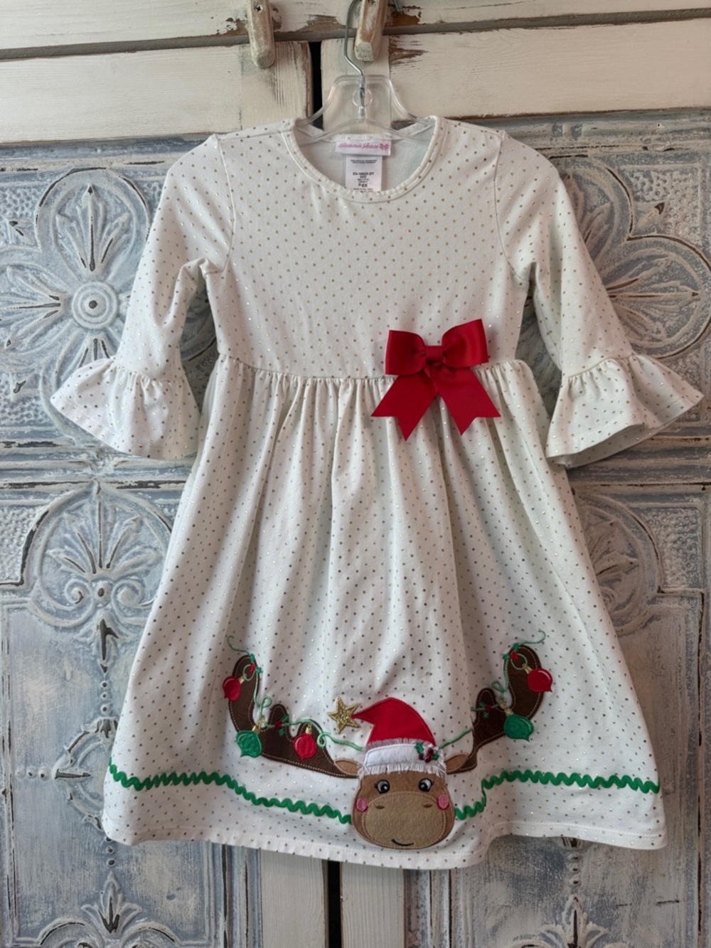 Bonnie Jean Cream Polka Dot Holiday Reindeer Dress with Red Bow